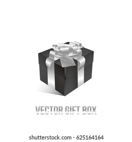 Realistic 3D illustration of black gift box with silver ribbons and bows for celebrations, showers, special days. Vector set with grouped elements.