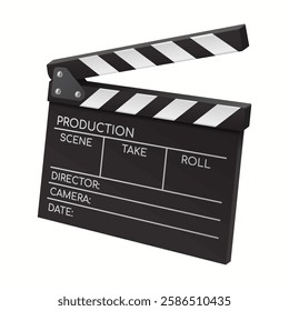 Realistic 3D illustration of a black and white director's clapperboard, an essential tool in film production for marking scenes and takes in professional filmmaking.