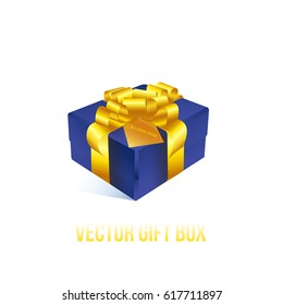 Realistic 3D illustration of blue gift box with golden ribbons and bows for celebrations, showers, special days.