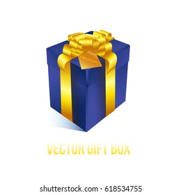 Realistic 3D illustration of blue gift box with golden ribbons and bows for celebrations, showers, special days. Vector set with grouped elements.