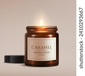 A realistic 3D illustration of a caramel scented candle in brown glass with glowing flame. Perfect for creating a spa like ambiance. Creates a bright, decorative, and aromatic ambiance. Not AI.