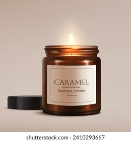 A realistic 3D illustration of a caramel scented candle in brown glass with glowing flame. Perfect for creating a spa like ambiance. Creates a bright, decorative, and aromatic ambiance. Not AI.