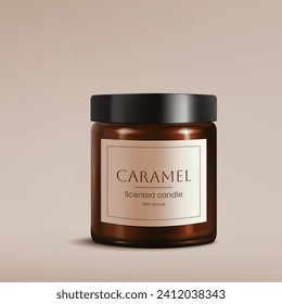 A realistic 3D illustration of a caramel scented candle in brown glass with black lid. Perfect for a spa design, packaging mockups. Creates a bright, decorative, and aromatic ambiance. Not AI.