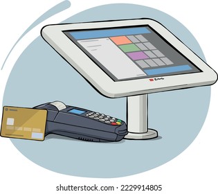 Realistic 3d illustration of Cash register, receipt printer, computer screen, colored web icon logo