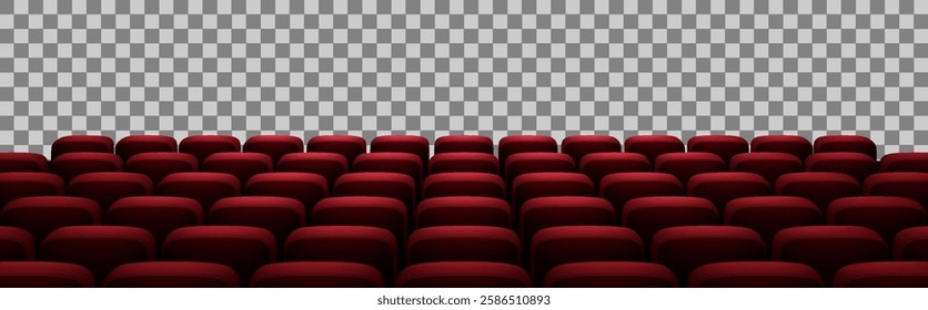 Realistic 3D illustration of a cinema hall with multiple rows of red velvet seats arranged in a semi-circle. The background is transparent, making it suitable for various design projects.