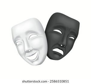 Realistic 3D illustration of classic theater masks representing drama and comedy, widely used in cinema, performing arts, and theatrical performances.