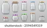 Realistic 3D illustration of a collection of different transparent glass jars with metal lids. Suitable for food storage, packaging, and product design.