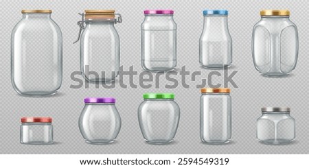 Realistic 3D illustration of a collection of different transparent glass jars with metal lids. Suitable for food storage, packaging, and product design.