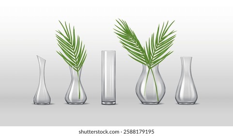 Realistic 3D illustration of a collection of elegant transparent glass vases holding palm leaves. Perfect for home decor, botanical styling, and interior design.