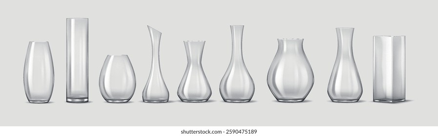 Realistic 3D illustration of a collection of various transparent glass vases in unique shapes and sizes. Suitable for home decor, floral arrangements, and interior styling.