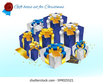 Realistic 3D illustration of colorful blue and white gift boxes with golden and white ribbons and bows and little accessories for celebrations, showers, special days. Vector set with grouped elements.