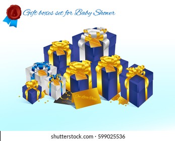 Realistic 3D illustration of colorful blue and white gift boxes with golden and white ribbons and bows and little accessories for celebrations, showers, special days. Vector set with grouped elements.