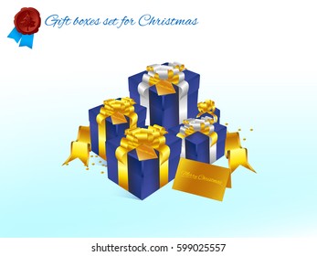 Realistic 3D illustration of colorful blue gift boxes with golden and white ribbons and bows and little accessories for celebrations, showers, special days. Vector set with grouped elements.