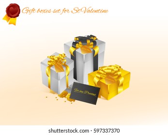 Realistic 3D illustration of colorful golden and white gift boxes with golden ribbons and bows and little accessories for celebrations, showers, special days. Vector set with grouped elements.