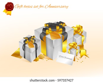 Realistic 3D illustration of colorful golden and white gift boxes with golden ribbons and bows and little accessories for celebrations, showers, special days. Vector set with grouped elements.