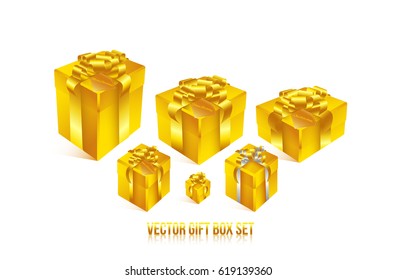 Realistic 3D illustration of colorful golden gift boxes with golden ribbons and bows for celebrations, showers, special days. Vector set with grouped elements.