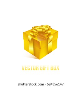 Realistic 3D illustration of colorful golden gift box with golden ribbons and bows for celebrations, showers, special days. Vector set with grouped elements.