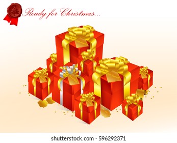 Realistic 3D illustration of colorful red gift boxes with golden ribbons and bows and little accessories for celebrations, showers, special days. Vector set with grouped elements.