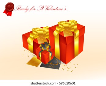 Realistic 3D illustration of colorful red gift boxes with golden ribbons and bows and little accessories for celebrations, showers, special days. Vector set with grouped elements.