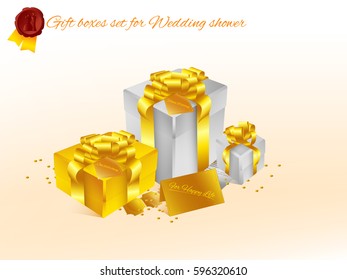 Realistic 3D illustration of colorful red gift boxes with golden ribbons and bows and little accessories for celebrations, showers, special days. Vector set with grouped elements.