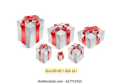Realistic 3D illustration of colorful white gift boxes with pink ribbons and bows for celebrations, showers, special days. Vector set with grouped elements.