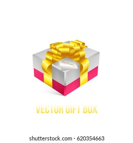 Realistic 3D illustration of colorful white and pink gift box with golden ribbons and bows for celebrations, showers, special days. Vector set with grouped elements.