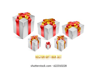 Realistic 3D illustration of colorful white and pink gift box with white ribbons and bows for celebrations, showers, special days. Vector set with grouped elements.