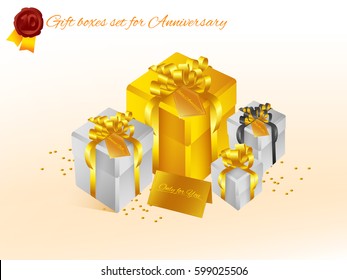 Realistic 3D illustration of colorful yellow gift boxes with golden and black ribbons and bows and little accessories for celebrations, showers, special days. Vector set with grouped elements.