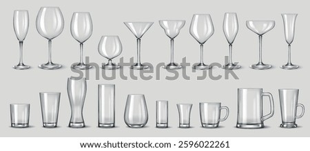 Realistic 3D illustration of a complete collection of transparent glassware for alcoholic and non-alcoholic beverages, including wine, beer, and cocktail glasses.