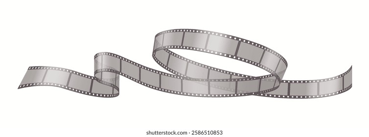 Realistic 3D illustration of a curved film strip, symbolizing movie production, cinematography, and vintage filmmaking techniques.