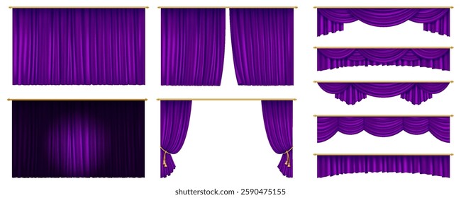 Realistic 3D illustration of deep purple royal theater curtains, adding a dramatic and luxurious touch to stage performances and entertainment venues.