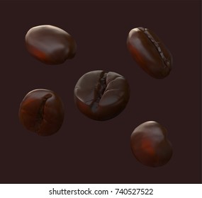 a realistic 3d illustration of a floating medium roasted arabica coffee beans isolated on dark brown.