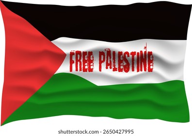 Realistic 3D illustration of the "Free Palestine" flag fluttering in the wind. This flag symbolizes the struggle for solidarity. Suitable for editorial, humanitarian or political campaigns.