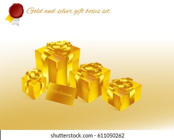 Realistic 3D illustration of golden gift boxes with golden ribbons and bows and little accessories for celebrations, showers, anniversaries. Vector set with grouped elements.