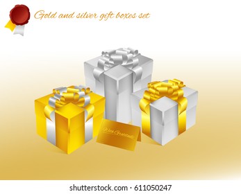 Realistic 3D illustration of golden and white gift boxes with golden ribbons and bows and little accessories for celebrations, showers, anniversaries. Vector set with grouped elements.