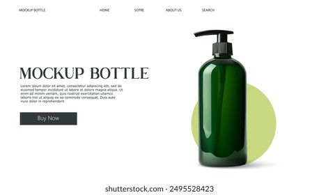 A realistic 3D illustration of a green pump bottle, isolated on a white background with a light green circle. Ideal for packaging, cosmetic, and personal care product designs. Vector