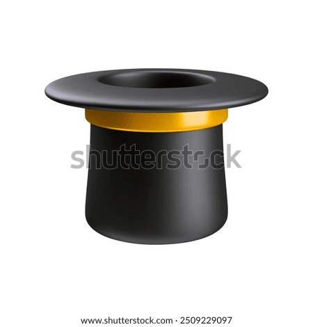 Realistic 3D illustration of a magic hat. Black wizard cylinder with gold stripes. Vector illustration of magician's hat for tricks on magic show concept. Magic equipment isolated on white background