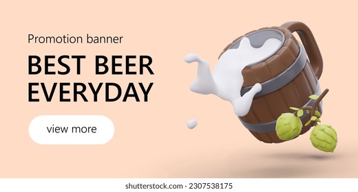 Realistic 3d illustration of mug in shape of barrel with tasty beer and cartoon natural hop. Promotion banner best beer every day. Vector with pink background