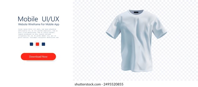 A realistic 3D illustration of a plain white T-shirt on a transparent background. The T-shirt is blank, making it ideal for mockups, designs, and branding purposes. Vector