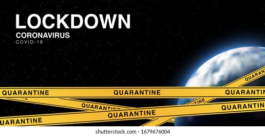 Realistic 3D illustration of planet Earth with quarantine yellow warning line. 3D vector illustration background. Virus Covid 19-NCP