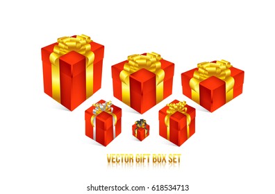 Realistic 3D illustration of red gift boxes with golden ribbons and bows for celebrations, showers, special days. Vector set with grouped elements.