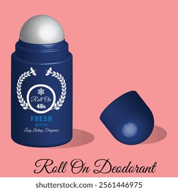 A realistic 3D illustration of a roll-on deodorant bottle with its cap removed,showcasing a sleek navy blue design.Ideal for personal care or beauty product concepts.isolated on soft pink background .