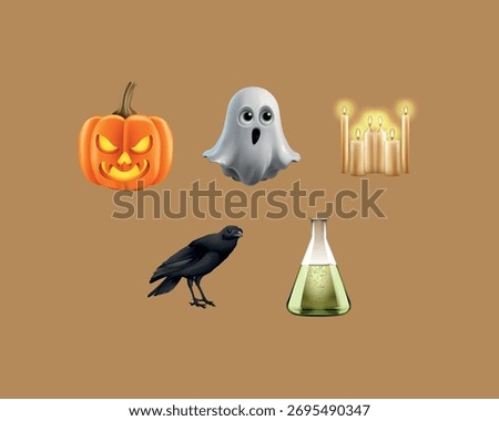 Realistic 3D illustration set of five Halloween objects: a scary jack-o'-lantern, a cute ghost, a cluster of glowing candles, a black crow, and a bubbling green potion in a flask.