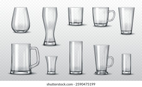 Realistic 3D illustration of a set of various transparent glass cups and mugs in different shapes and sizes. Perfect for beverage-related design, advertising, and product mockups.