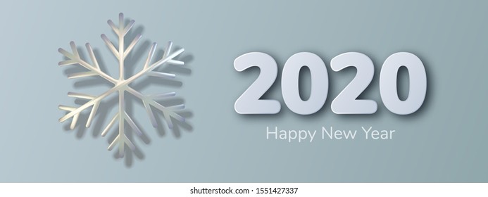 Realistic 3d illustration of shimmering metallic snowflake. Greeting card, invitation happy New year 2020 and Christmas. Vector illustration