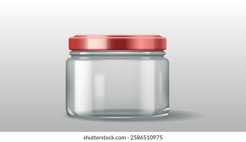 Realistic 3D illustration of a short transparent glass jar with a red lid. Perfect for storing spices, sugar, and dried herbs.