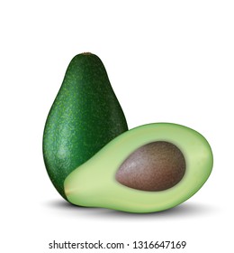 Realistic 3d  Illustration of sliced green avocado fruit. Colourful avocados with seed. Good for packaging design and ad.  Vector.  