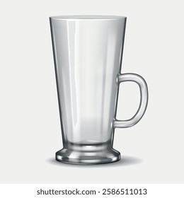 Realistic 3D illustration of a tall transparent coffee mug with a handle, designed for serving hot drinks like coffee, tea, and lattes in cafés and homes.