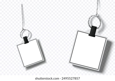 A realistic 3D illustration of two blank price tags with black clips, hanging from twisted strings, isolated on a transparent background. Perfect for retail, sales, and marketing designs. Vector - Powered by Shutterstock - Get 15% off with code: PIKWIZARD15