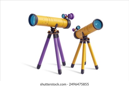 A realistic 3D illustration of two colorful telescopes with purple and yellow tripods, isolated on a white background. Ideal for themes related to astronomy, exploration, and science.